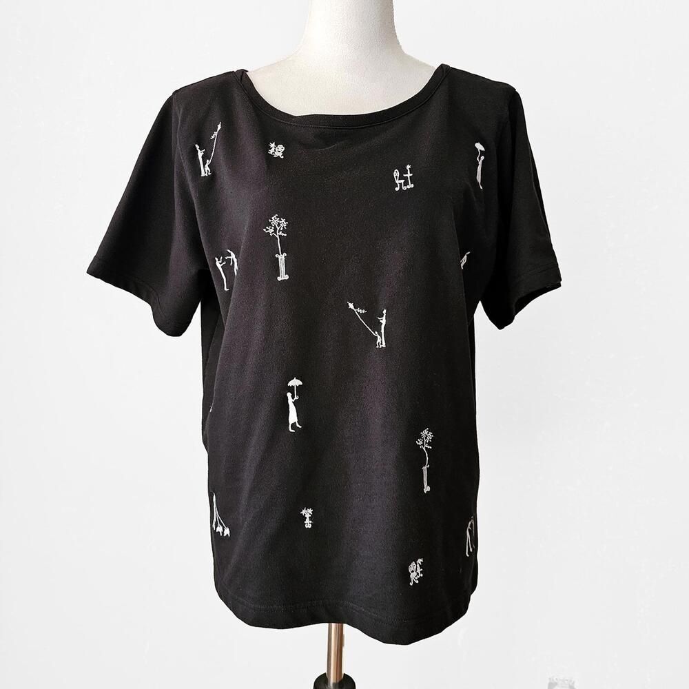 Vintage Koret XL Black Short Sleeve Women's T-Shirt with Minimalist Embroidery